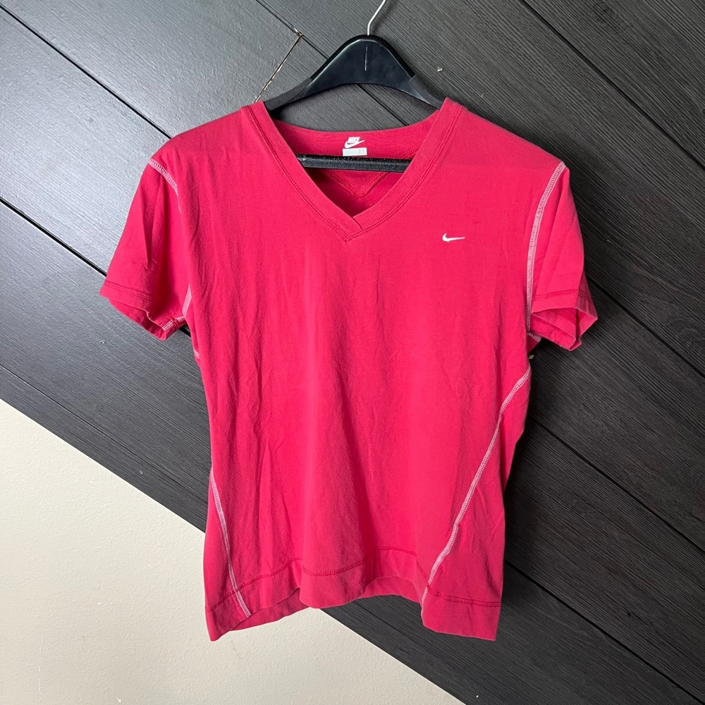 Nike Womens Short Sleeve V Neck Athletic Top XL Pink Stretch Activewear